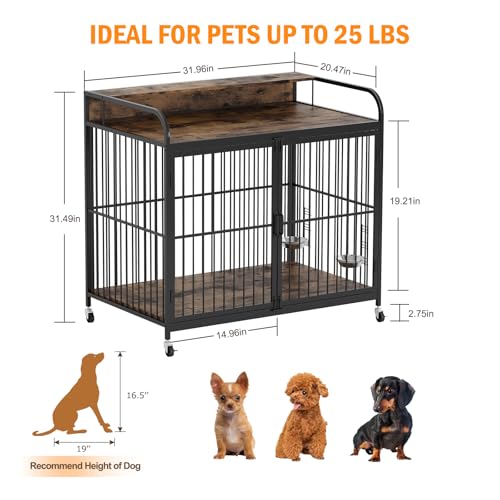 Small-Dog-Crate-Furniture-Wooden-Dog-Kennel-Indoor-with-Adjustable-Height-Feeder-Heavy-Duty-Dog-Crate-with-360-Wheels-for-Easy-Mobility-Sturdy-Metal-32-L-x-205-W-x-215-H-Rustic-Brown - Cucciolini Doodles Small-Dog-Crate-Furniture-Wooden-Dog-Kennel-Indoor-with-Adjustable-Height-Feeder-Heavy-Duty-Dog-Crate-with-360-Wheels-for-Easy-Mobility-Sturdy-Metal-32-L-x-205-W-x-215-H-Rustic-Brown