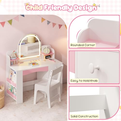 Image of Teckid Kids Vanity Set with Chair and Lights, 2 in 1 Princess Makeup Desk, Toddler Vanity Table with Lighted Mirror, Open Bookshelf, Shelves, Drawers and Storage Cabinet for Little Girls (White)