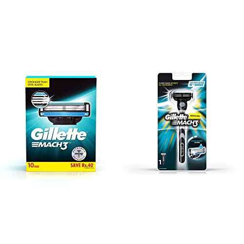 Image of Gillette Men Mach 3 Shaving Blades- Pack of 10 (Cartridges) & New Blade Razor - 1 Count