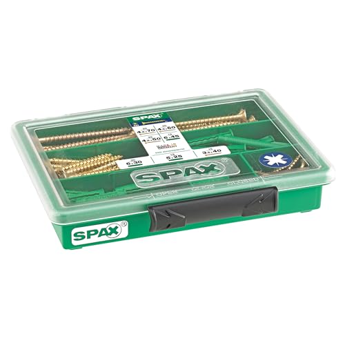 SPAX Sortiment klein, Schrauben-Set mit 4 Abmessungen + Dübel, 130 Stück, Senkkopf, Kreuzschlitz Z, YELLOX - 4000001992079