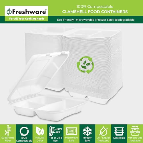 Image of Freshware Clamshell Food Containers with Lids [9x9 inch] 3-Compartment 100-Pack, Disposable To Go Containers, Biodegradable Sugarcane To Go Boxes - Paper Container - Microwave & Freezer Safe, Stackable