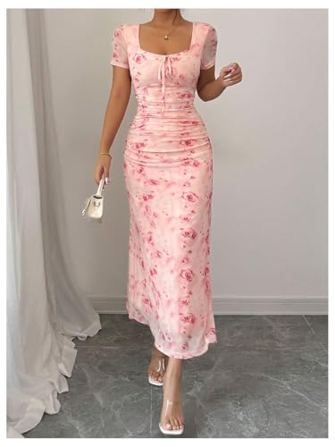 Verdusa Women's Boho Floral Long Bodycon Dresses Bow Tie Square Neck Vacation Dress3