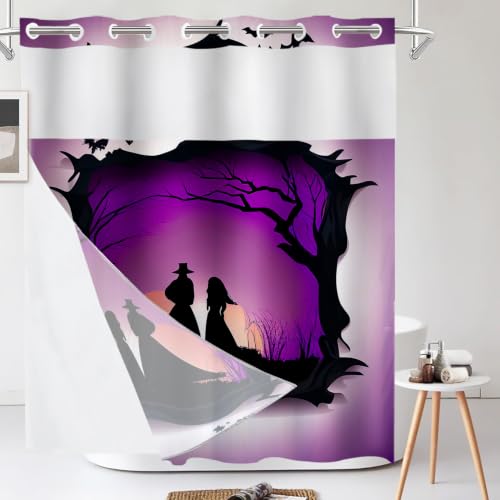 Shrahala Halloween Purple Silhouette Shower Curtain with Snap in Liner Set, Bats On Tree Moon No Hooks Stall Curtain Waterproof for Bathtubs Magnetic Hem 71 X 86 in