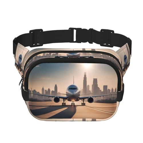 Landing Airplane - Riñonera cuadrada de doble capa con correa ajustable para correr, viajar, senderismo, negro, talla única, negro, talla única, Black, Talla única