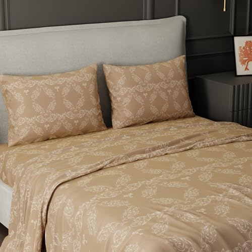 Image of BLISSHOME Everlast 150TC King Size Printed Bedsheet with 2 Pillow Covers for Double Bed, Aesthetic Bedding, Wrinkle Resistant, 100+ Wash Durable, Quick Dry, Ornate Design - Beige (228cm x 274cm)