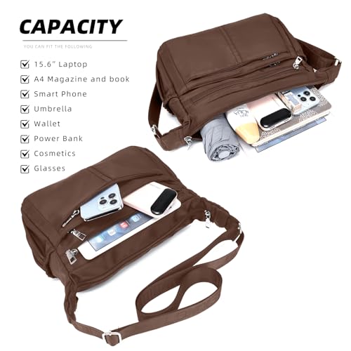 Women's Multi-Pocket Shoulder Handbag - Water-Resistant Nylon Crossbody Bag, Large Purses, Lightweight Messenger Bag - Brown4