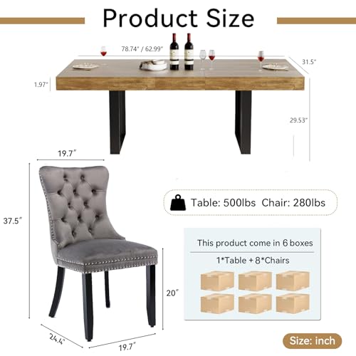 Image of Brown Dining Room Table Set for 8, 9-Piece 63 inch-78.74 inch Extendable Dining Table Set with 8 Upholstered Chairs, Rectangle Wooden Expanding Kitchen Table and Grey Chairs Set