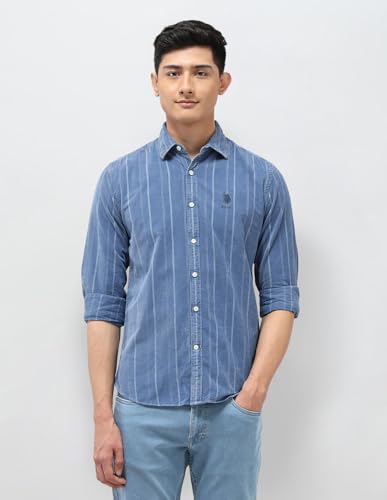Image of U.S. Polo Assn. Denim Co. Indigo Striped Corduroy Slim Fit Men's Shirt