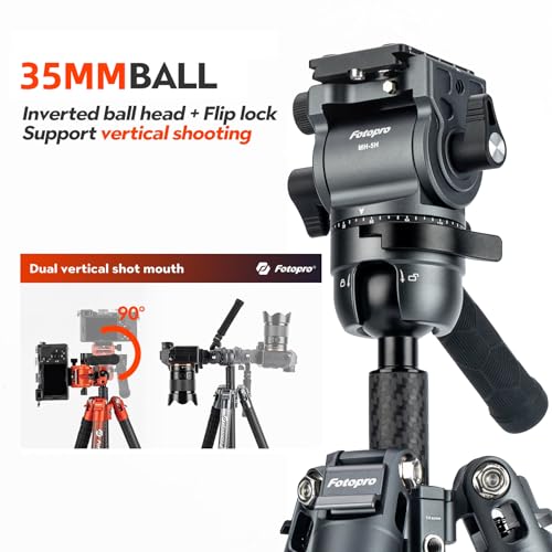 Image of Fotopro 67.3 inch Carbon Fiber Travel Tripod, Professional Heavy Duty Video Tripod with Hydraulic Spherical Pan-Tilt Flip Lock Max Load 22lbs, wih Monopod Phone Clip, X-AIRFLY Max Video