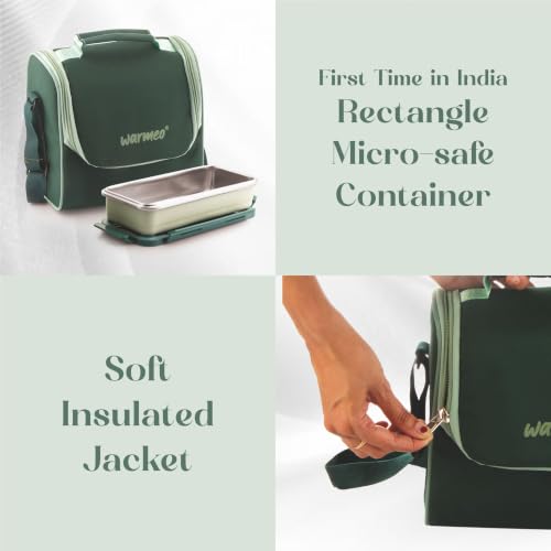 Image of WARMEO Micro Meal Microwave Safe Lunch Box | 1 Rectangular Container 600ml + 2 Round Containers 350ml Each + 1 Round Container 250ml + 1 Steel Tumbler 500ml | Office,School,Picnic,Green