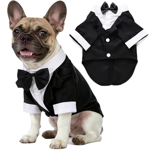 Dog Shirt Puppy Clothes Pet Wedding Suit Formal Tuxedo with Black Bow Tie Pet Outfit for Small Medium Dogs Cats Pet Weding Attire Dress Up Cosplay Prince Costume Gentleman Apparel (Black Medium)