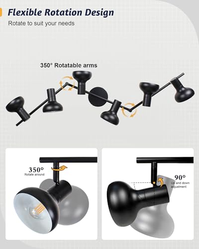 Image of HiBay 6-Light Track Lighting, Directional Rotatable Ceiling Light Fixture, Black Farmhouse Spotlight for Kitchen Living Room Office, E12 Base (Bulbs Not Included)