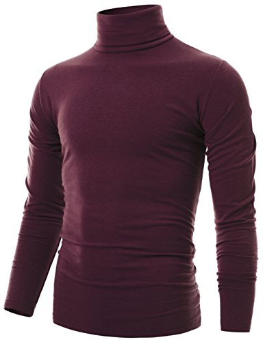 OHOO Mens Slim Fit Soft Cotton Long Sleeve Pullover Lightweightweight Turtleneck/DCT001-BURGUNDY-L