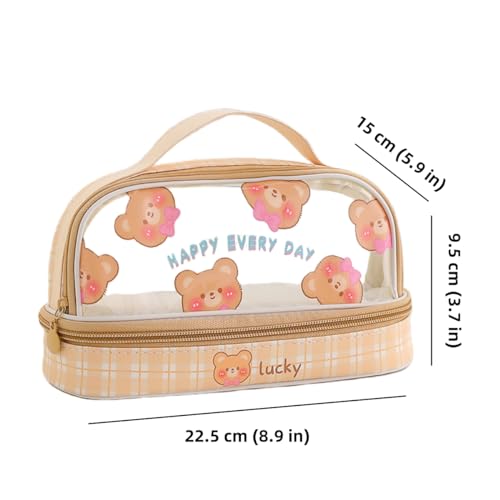 Image of Bunny Pencil Pouch w /Handle Rabbit Kitten Bear Puppy Pen Case Cosmetic Bag Clear Case Transparent Waterproof (Bear-Yellow)