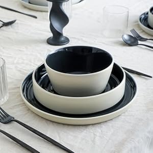 Stone Lain Elica 12 Piece Modern Dinnerware Set, Plates and Bowl Set, Dish Set for 4, Black and Beige