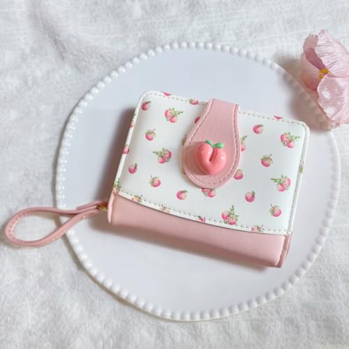 Image of Cute Print Wallet Blueberry Strawberry Cherry Wallet with Credit Card Slot Zipper Coin Pocket for Women Girls (PEACH)