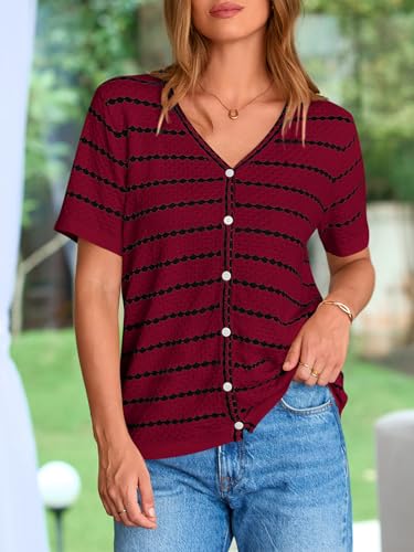 Image of NALANISA Women's Short Sleeve Sweater Spring Summer Crochet Knit Tops 2026 V Neck Striped Button Down Dressy Casual Blouses
