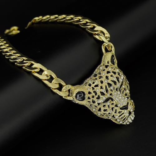 Chunky Cuban Chain Leopard Pendant Choker for Women Men,Animal Cheetah Iced Out Charm Necklace with 14K Gold Plated Link,Faux Diamond Bling Bold Statement Hip Hop Rapper Punk Jewelry4