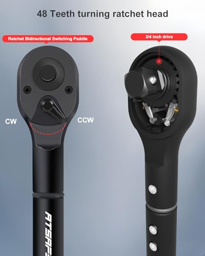 Image of Atsafepro 3 /4 Torque Wrench 100-850 Ft-Lb -±3% Accuracy, 47.3 inch Long Handle, 48-Tooth Reversible Ratchet, Cr-V Steel, Dual Scale,3 /4 inch Drive Click Heavy Duty Torque Wrench for Industrial, Truck, Turbine
