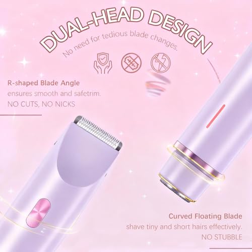 Bikini Trimmer for Women, 2 in 1 Dual-Head Electric Shaver for Women Pubic Hair, Waterproof Wet/Dry Use Body Hair Trimmer and Face Razors, Rechargeable Hair Removal for Bikini Legs Face Underarm Arm - image 2