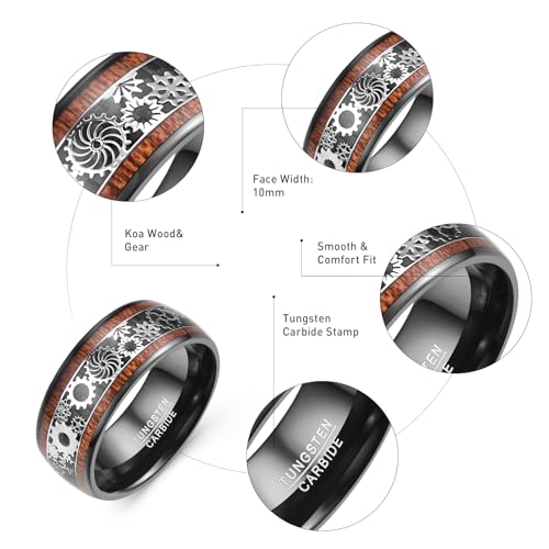 Image of 10mm Silver /Black Tungsten Rings for Men Steampunk Gear Inlay Size 7-14 | Koa Wood, Black Carbon Fiber, Dome Band Ring, for Wedding, Anniversary, Everyday Wear, Comfort Fit