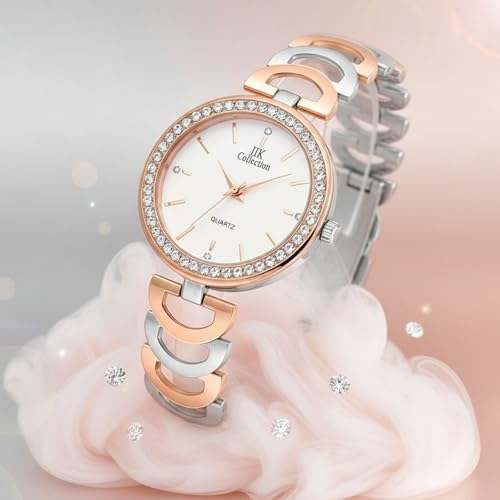 Image of IIK COLLECTION Watches for Women Round Studded Dial |Analogue Quartz Movemnet Ladies Watch|Long Battery Life|Stainless Steel Adjustable Bracelet Chain Strap|Double Lock Clasp Safety Watches for Girls