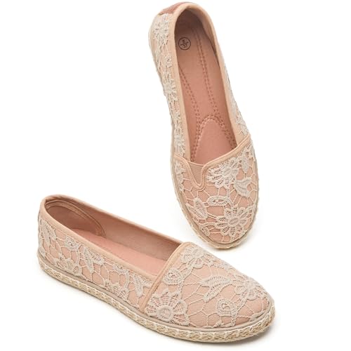 Image of BABUDOG Women's Flats with Flower Embroideried,White Lace Ballet Flats,Comfortable Dress Flats