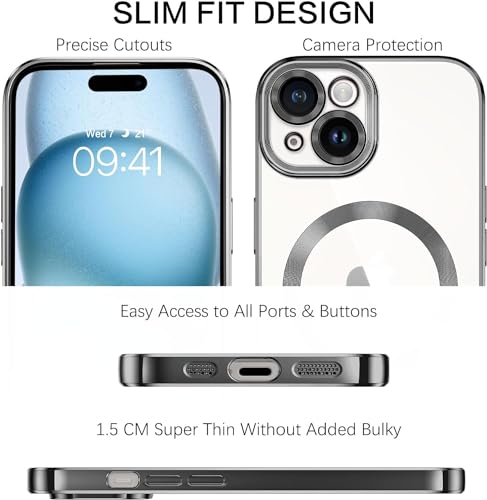 Image of VONZEE Electroplating Transparent Clear Logo Back Cover TPU for iPhone 15 Case with Magsafe, Full Body & Individual Camera Protection for Each Lens for Men & Women (Black)