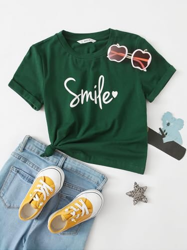 SHENHE Girl's Graphic Letter Print Roll Up Short Sleeve Crewneck T Shirt Tee Tops2