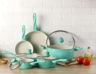 IMUSA USA 10pc Forged Nonstick white Interior Ceramic Teal Cookware Set