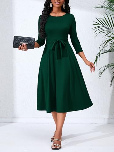 Image of PerZeal Women's Caual Midi Dress 3 /4 Sleeve Crewneck A-line Swing Dress