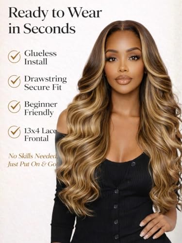 Image of Beauty Forever 13x4 Lace Frontal Body Wave Wig Human Hair - Honey Blonde Balayage with Chestnut Brown Roots, Pre-Plucked&Pre-Bleached Knots, Glueless Drawstring Wig for Beginners, Ready to Wear 18inch