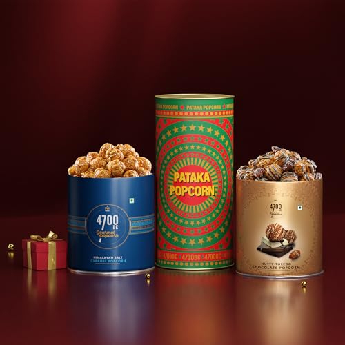Image of 4700BC Pataka Popcorn, 275g (2Tins: Nutty Tuxedo Chocolate and Himalayan Salt Caramel)
