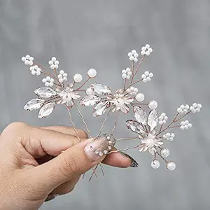 Heread Crystal Bride Wedding Hair Pins Flower Bridal Head Piece Pearl Hair Accessories for Women and Girls (Pack of 3) (B Rose Gold)