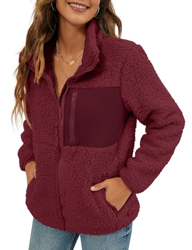 Moda de mujer Faux Shearling Shaggy Full Zip Abrigos cálidos invierno Patchwork Chaquetas con bolsillo, rojo vino, M