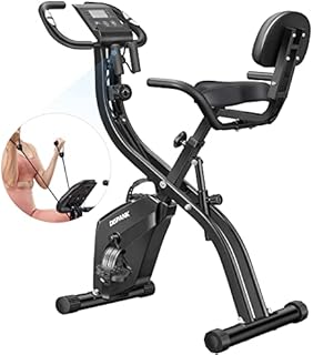 Folding Exercise Bikes DISPANK 3-in-1 X-Bike Indoor Portable Exercise Bikes, Sturdy Foldable Stationary Bike with Automatic Springback Arm Resistance Band and Backrest, 10-Level Resistance for Men, Women and Seniors