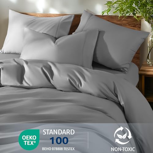 Shilucheng 100% Cotton Queen Size Duvet Covers - 600 Thread Count, Luxury Sateen Weave Egyptian Cotton Comforter Cover with Zipper Closure & Corner Ties,Hotel Bedding Duvet Covers 3 Piece (Grey)
