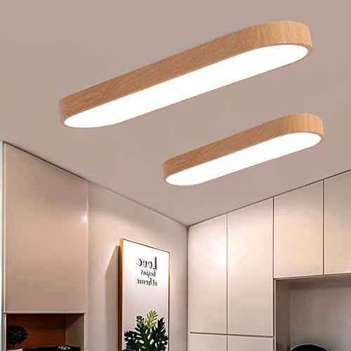 Plafonnier LED dimmable 120cm bois clair avec télécommande pour salon
