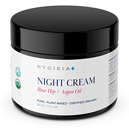 Hygieia + 100% USDA Certified Organic Night Face Cream, Argan and Rose Hip Cold Pressed Oil Plant-Based Moisturizer, Certified Vegan and Cruelty-Free Facial Cream, 60ml