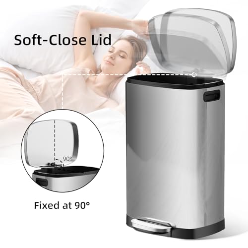 Image of KUK 13 Gallon /50L Stainless Steel Kitchen Trash Can with Lid and Step Pedal-Large Capacity Garbage Bin with Odor Seal, Silent Close Lid, Removable Inner Bucket for Home, Kitchen, Bedroom, Office