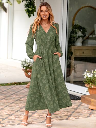 Image of Simplee Womens Boho Floral Long Sleeve Maxi Dress V Neck Empire Waist Fall Wedding Guest Dresses with Pockets