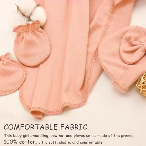 Image of AQOKKA Newborn Receiving Blanket with Bow Hat Mittens Wooden Card Set Newborns Toddler Baby Boy Girl Nursery Swaddle Wrap