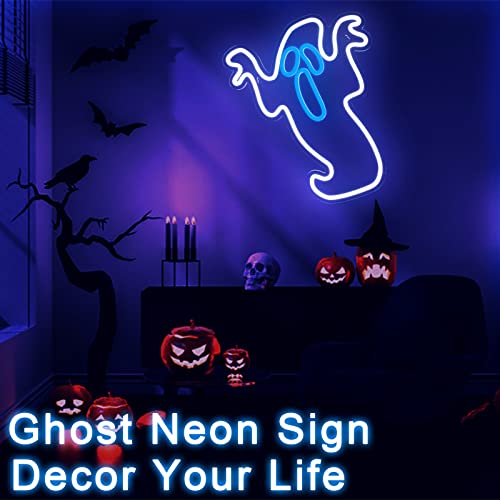 Image of Halloween Ghost Neon Light - Flickering Boo Neon Signs for Wall Decor 16.3x13 Inch, USB Powered LED Halloween Ghost Neon Light for Bedroom Christmas Gift for Party Decor Kids Game Room Bar, White