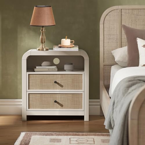 Image of Oak&Sparrow 2 Drawer Tall Dresser for Bedroom, 23.6'' Rattan Dresser with Ample Storage, Boho Chest of Drawers, Thickened Curved Profile Design, Oak Dressers for Bedroom, Living Room