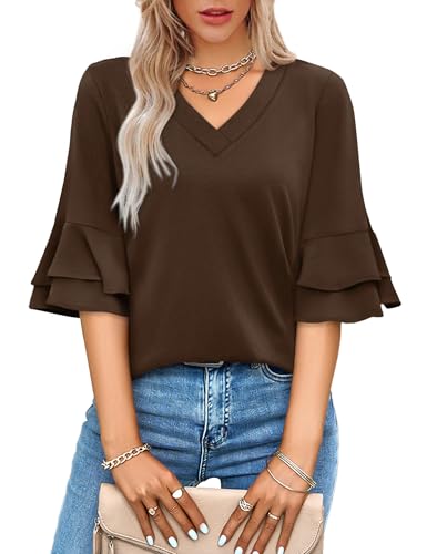 Image of OFEEFAN Spring Tops for Women Boho Shirts Fashion Clothing Cute 3 /4 Length Sleeve Blouses Dressy Casual Summer Outfits