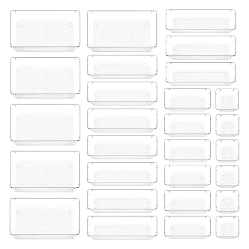 Vtopmart 28 PCS Clear Plastic Drawer Organizers Set 4-Size Bathroom and Vanity Drawer Organizer Trays Acrylic Storage Bins for Toiletries Makeup Cosmetic Kitchen Utensils Tool Gadgets