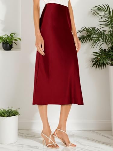 Image of Amy Babe Womens Satin Silk High Waist Slit Midi Skirt Long Skirts for Women | Elastic Waistband, Side Split, Midi Length, Below the Knee, Silky Fabric, Elegant, Fall Winter Outfits