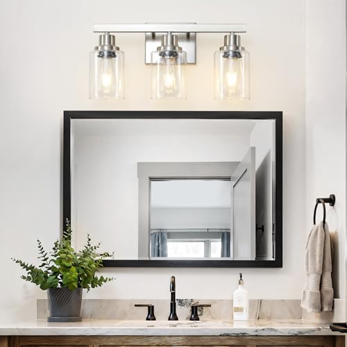 Image of 3-Light Bathroom Light Fixtures, Nickel Bathroom Vanity Light with Clear Glass Shade, Modern Bathroom Wall Lights Over Mirror, Farmhouse Wall Sconces Lighting for Bedroom Living Room