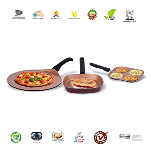 Image of Sumeet Nonstick Granite Finish DOROTHY cookware set (Grill Pan 22cm Dia + Mini Multi Snack Maker - 4 Cavity - 19.5cm Dia + Tawa 30.5cm Dia)