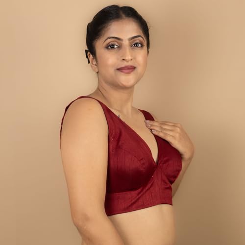 Image of FIGURE'S DESIGNER Women's Dupion Raw Silk Sleeveless V Neck Sabyasachi Cut Readymade Saree Blouse Padded Stitched S4